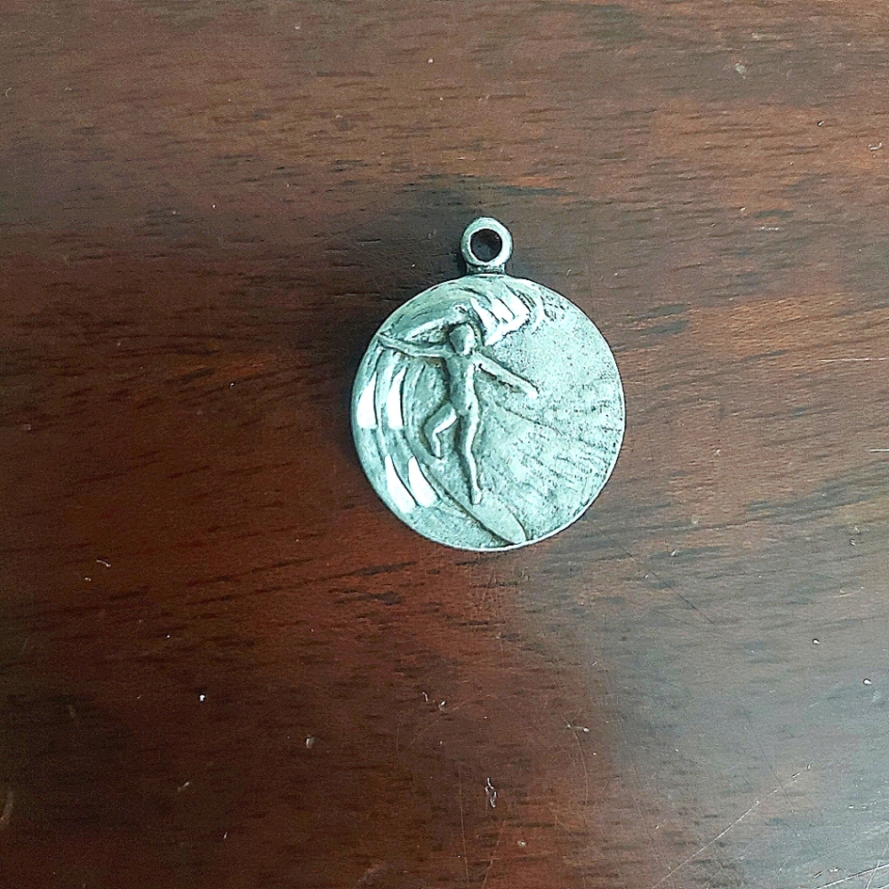 Surfing Round Pendant, Surfer Riding A Wave, Silver Tone Pendant